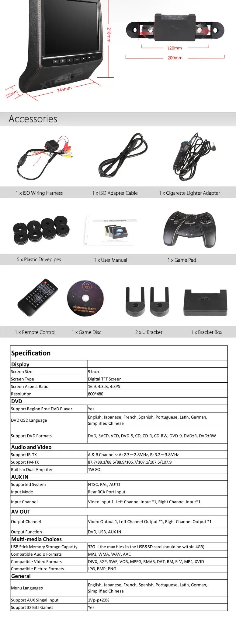 Sale XTRONS 9 inch HD Digital TFT Screen Leather slim Styled Car Headrest DVD Player with HDMI Port car stereo 9