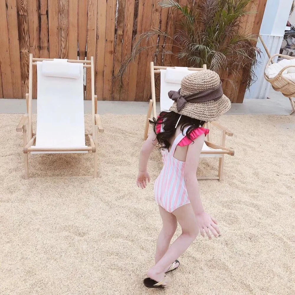 

90-140cm Super Cute Cartoon Baby Girl's Swimwear Pink Striped Ruffle Backless Swimming Clothes
