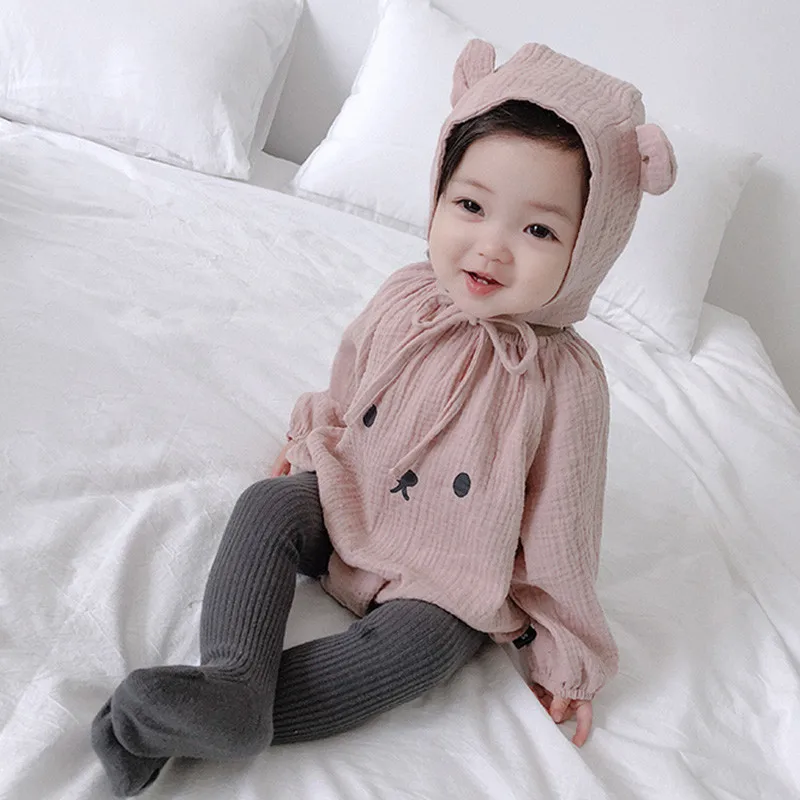 

Newborn Girls Bodysuits Baby Jumpsuit Solid Linen Pullover Baby Clothes with Hat O-Neck Baby Clothing