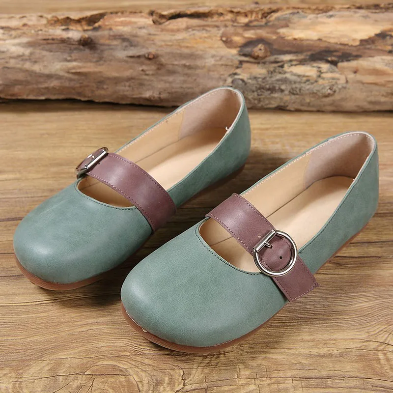

Original 2019 Autumn Shallow Mouth Female Shoes Flat Bottom Head Layer One Word Buckles Round Head Handmade Flats