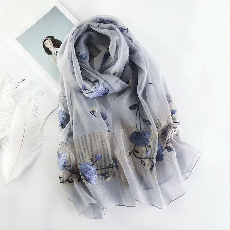 Новинка, Роскошный шелковый шарф для женщин, высокое качество, вышивка, шерстяные шарфы, дизайнерский бренд, женский шарф, элегантные шали, шарфы - Цвет: grey