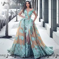 Потрясающее бирюзовое кружевное платье с аппликацией на Среднем Востоке Аравийский вечернее платье выпускной леди знаменитости