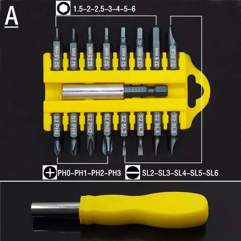 18 шт. набор креплений с шестигранной звездочкой и защитой от вскрытия, магнитный держатель, отвертка, биты, трещотка, гаечный ключ, набор ручных инструментов - Цвет: Yellow Handle-A