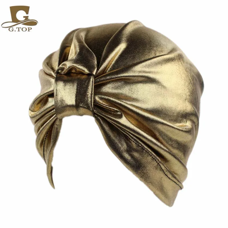 

Newest luxury Bronze stretchy Turban Women's Fashion Metallic head wrap cap