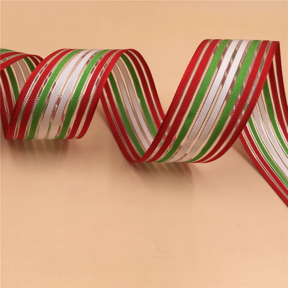 

N2222 38MM X 25yards Colorful Stripes Grosgrain Organza Ribbon Gift Box Wrapping Wired Christmas Ribbon