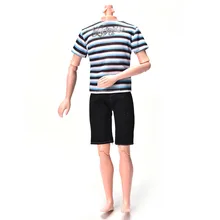 2 шт./компл. ручная выделка Цвет: Повседневное полосатая рубашка с принтом Черные Короткие Штаны классные из выбеленной костюм для куклы Кен