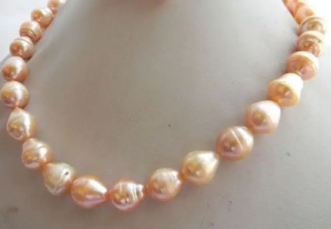 

18"12-14mm natural south sea pink baroque pearl necklace 14k