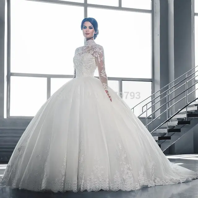 de cuello alto de encaje de manga larga musulmán vestidos novia 2016