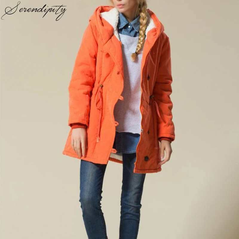 

SRDP Casual Cotton Thick Long Parka Hooded Overcoat Winter Warm Fashion Outerwear Women Orange Streetwear Jacket Female Coat