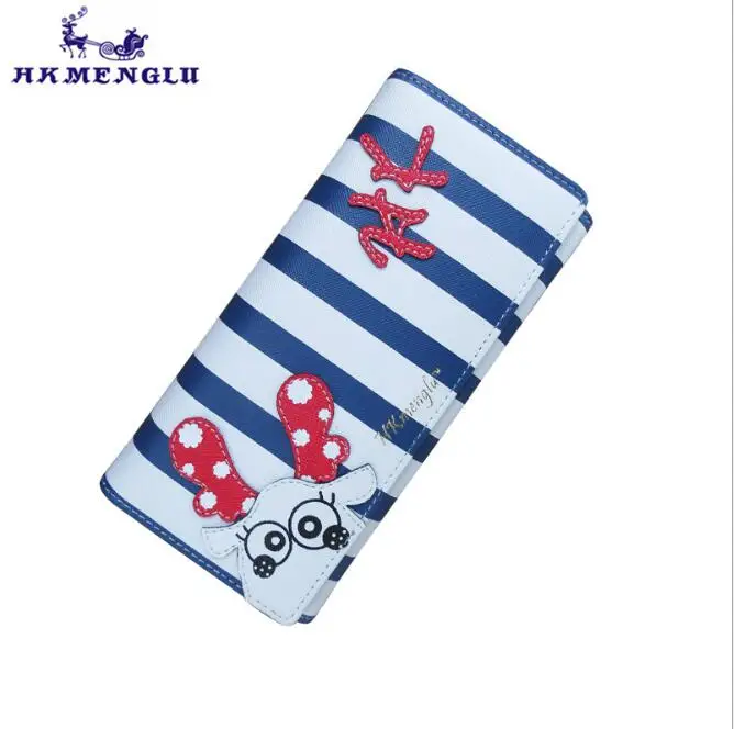

HKMENGLU 2018 Milu Deer Fashion Wallet Female Women Purse Long Zipper Blue White Strip Elk Wallets PU Card Holder Navy Animal