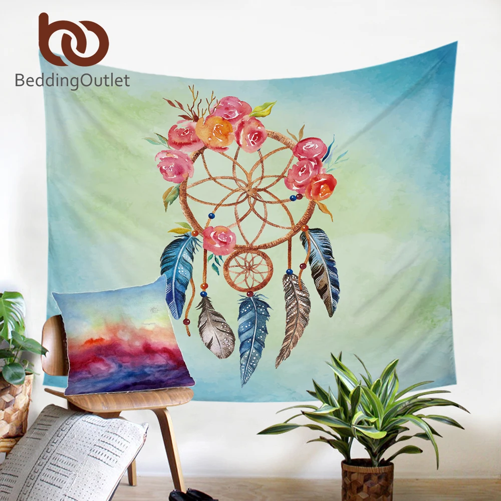 

BeddingOutlet Dreamcatcher Tapestry Floral Roses Wall Hanging Watercolor Decorative Tapestry 2 Sizes Microfiber Tablecloth