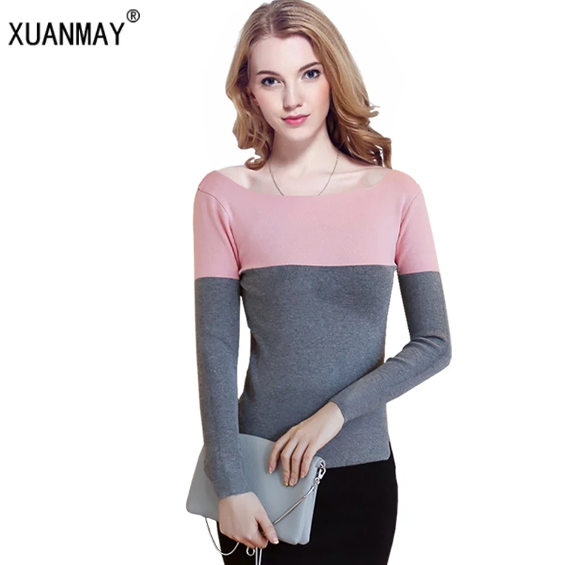 2018 Spring And Autumn Winter Women's Sweater Long-sleeved Splicing Word Collar Pullover Soft Warm Short Section Fashion | Женская