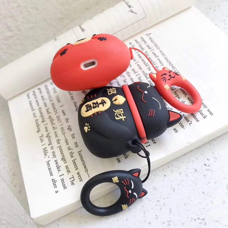 Для AirPods чехол 3D милые с изображением из мультфильма Lucky Cat наушники чехол для Airpods 2/i10/i11TWS Мягкий защитный чехол для телефона с кольцевым ремень