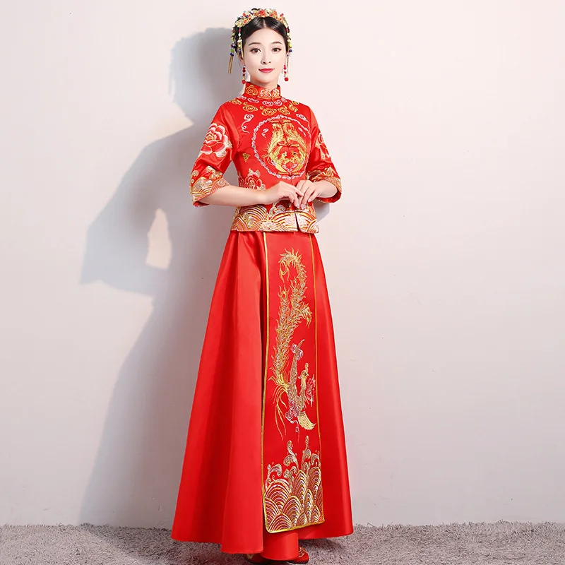 Старинные китайский стиль торжественное платье Королевский Феникс свадьба cheongsam костюм красный невесты традиционные Тан костюм вышивка
