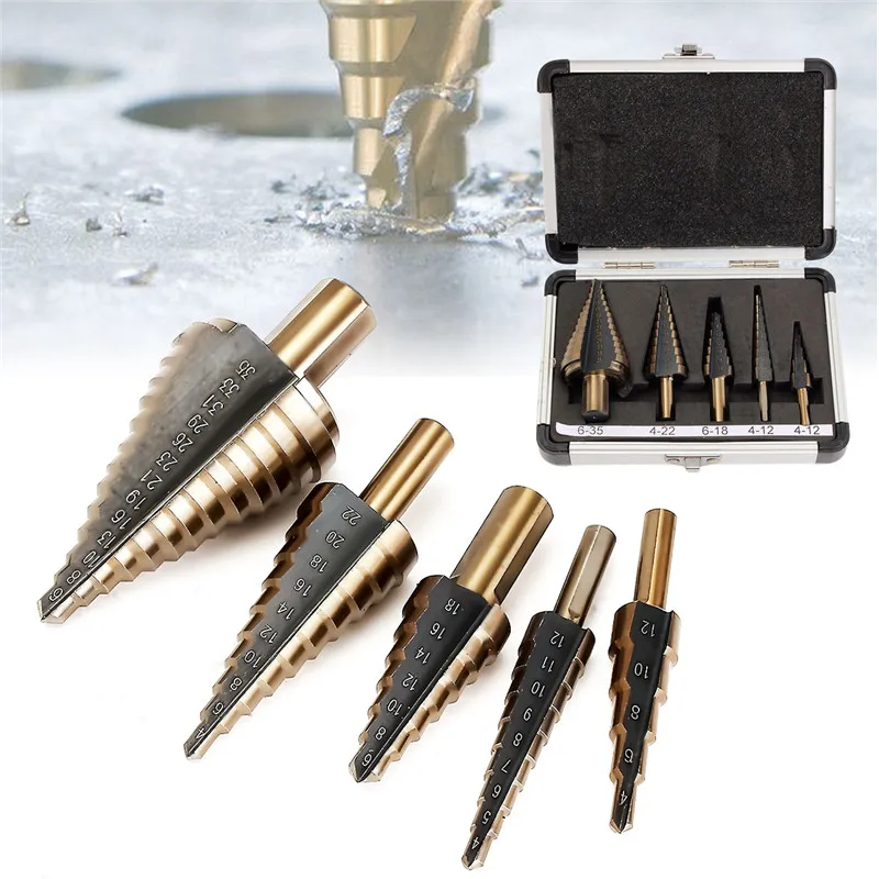 5PCS HSS Spiral Step Grooved Drill Bit Set High Speed Steel For Home