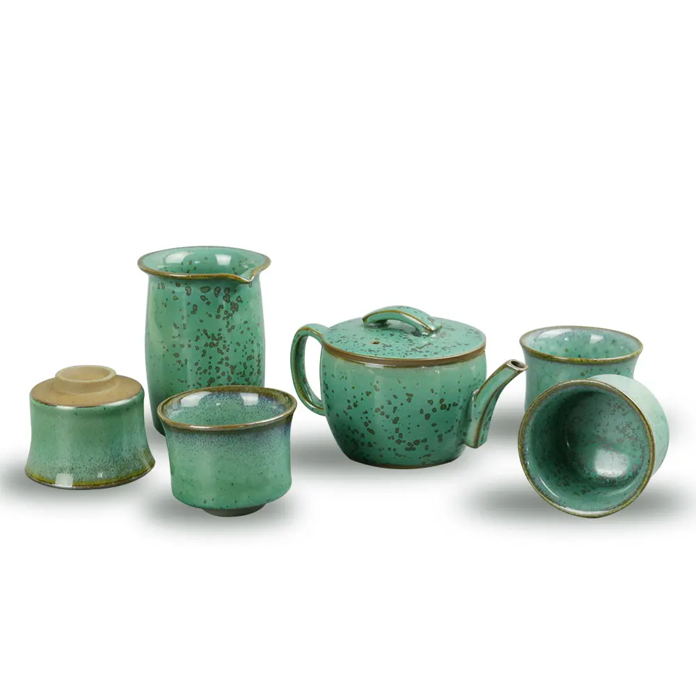 

Newchinaroad tile shaped green handmade ceramic Chinese Kungfu tea set teaware 1 pottery teapot& 4 teacups& 1 sharing pot chahai