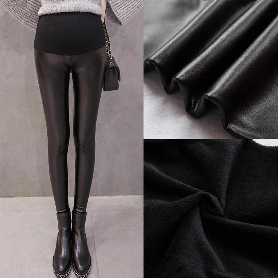 

Famli Faux Leather Leggings for Maternity Woman Pregnancy Winter Warm Thick Fur Lining Skinny Leather Pants Pregnant Legging