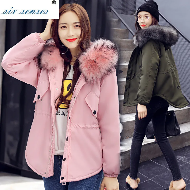 Lx3666 army Casual Winter Six Senses black Fur 2017 Coat Collar New Outwear Parkas Hooded Green blue Top Autumn Jacket Woman Fashion Pink aZraqWH