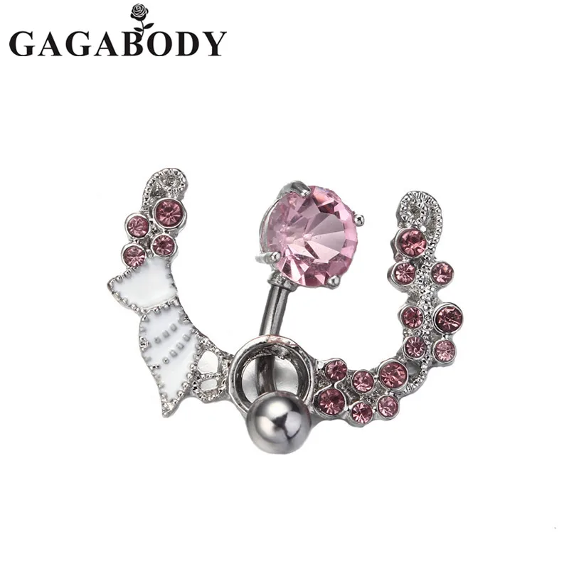 Pink Butterfly Crystal Flower Navel Belly Ring Studs Body Piercing