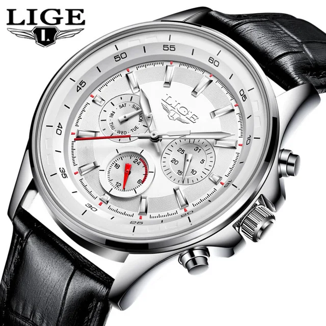LIGE мужские часы Топ бренд класса люкс кварцевые часы мужские модные деловые Часы повседневные спортивные наручные часы Relogio Masculino - Цвет: leather silver white