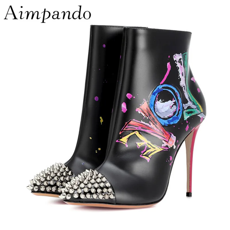 

Fashion 2020 Autumn Graffiti Ankle Boots Women Stiletto Heel Pointed Toe With Rivet Side Zip Black White Short Booties