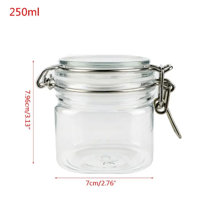 250ML Plastic Square Clip Top Storage Jar With Airtight Seal Lid Kitchen Food Container Tableware Preserving Cosmetic Cream Orga