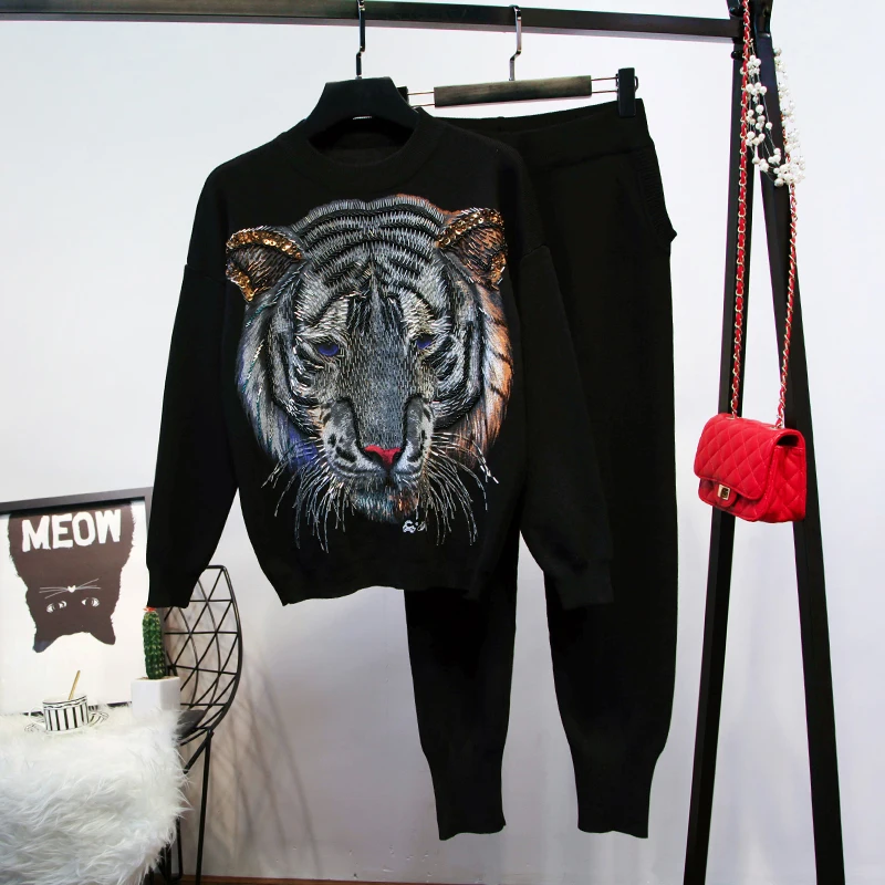 

Amolapha Women Handmade Sequines Beading Tiger Pattern Knitted Pullover +Trousers 2 Pieces Sets Tracksuits Outfits