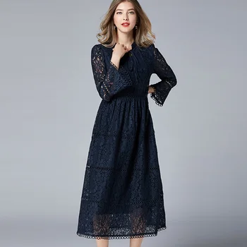 

Ladies elegant long lace dress female pinched waist slim fit party dress mandarin tie collar flare sleeve longos vestidos L-5XL