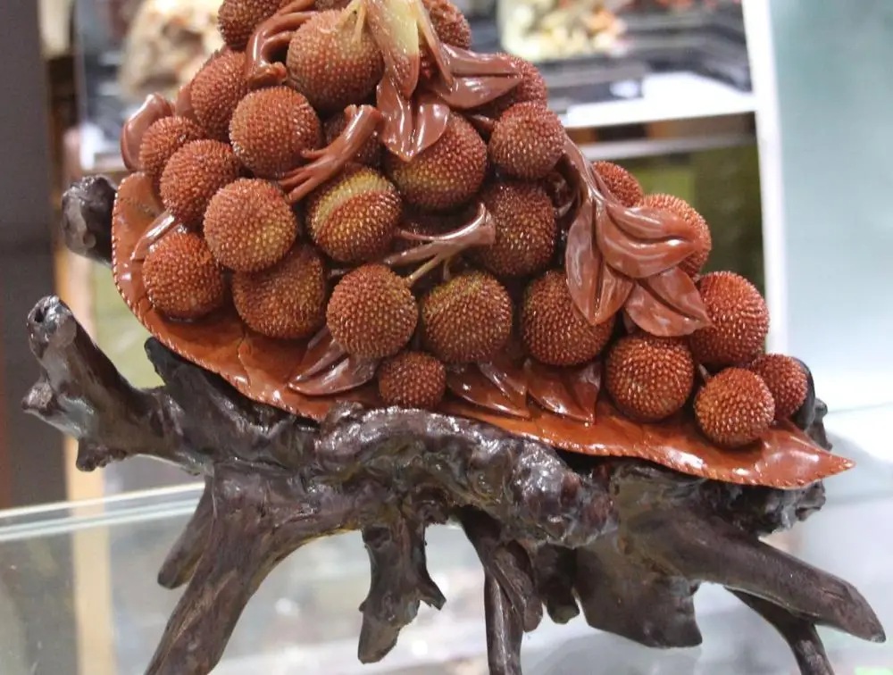

14"Natural Shoushan Stone Pure Hand Litchi chinensis Leechee Cicada Leaf Statue