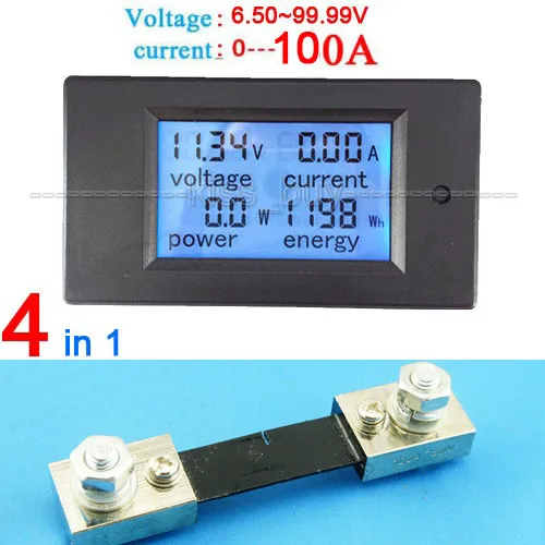

DC 6.5-100v 100A LCD Combo Meter Voltage current KWh Watt Panel Meter 12v 24v 48v Battery Power monitoring +100A Shunt