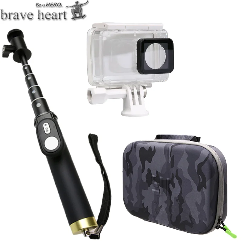 

brave heart waterproof case bag + Extendable Monopod tripod selfie stick for xiaomi yi 4K 2 II Xiaoyi action Camera accessories
