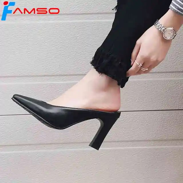 FAMSO Size34-43 2018 New Women Sandals Pointed Toe High Heels Pumps Designer Summer Retro Sandals Sexy Gladiator Sandals Slides