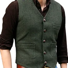 Vestito Degli Uomini Formale Scollo a V di Lana a Spina di Pesce Tweed Casual Gilet Formale di Affari Della Maglia Groomman per La Cerimonia Nuziale Verde/Nero /Marrone