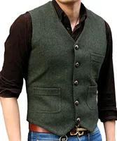 Men's Suit Formal V Neck Wool Herringbone Tweed Casual Waistcoat Formal Business Vest Groomman For Wedding Green/Black/Brown 1