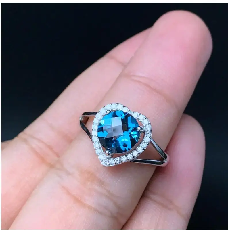 Love Heart Wedding Topaz Ring gem Finger ring Natural real blue topaz 925 sterling silver ring Wholesales For men or women 8*8mm