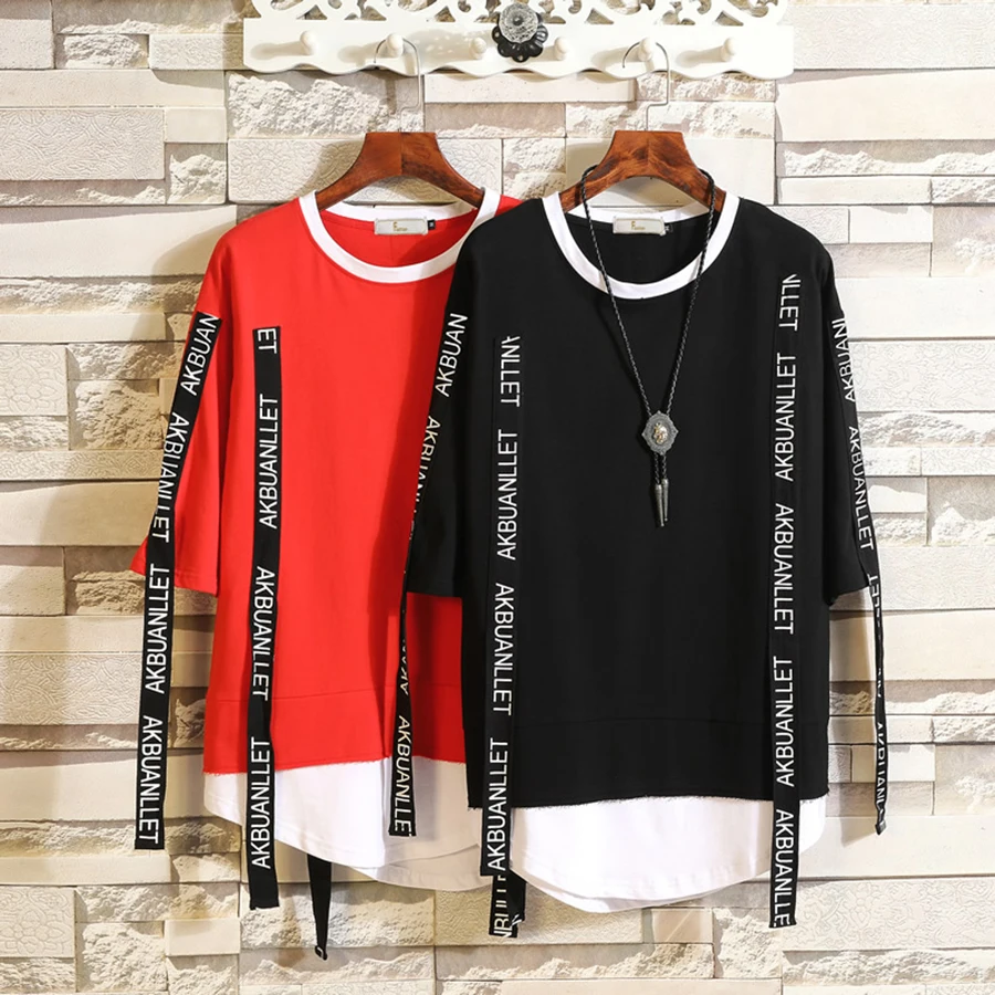 Black T Shirt Men Hip Hop Streetwear Oversize Streetwear 5xl Red Fake Two Pieces O Neck Camisas Mens T Shirts Fashion 50DX027