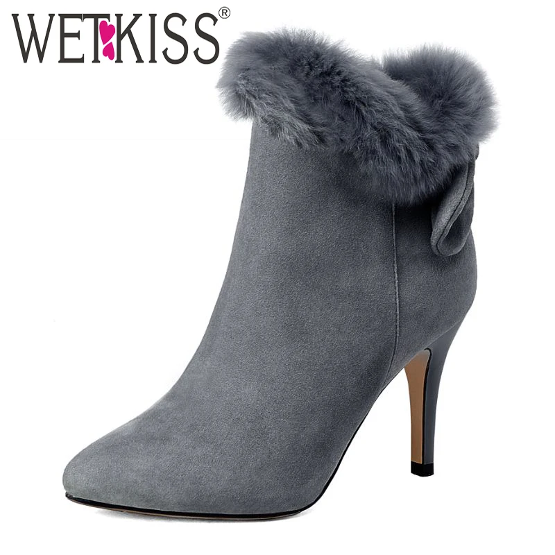 High Quality Elegant Fur Charm Genuine Leather Ankle Boots Pointed Toe Add Fur Sexy Thin High Heels Fall Winter Shoes Woman