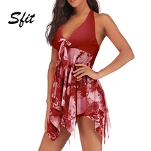 Sfit Лето для женщин Мода Печатных Бикини Танкини комплект Холтер Асимметричный Подол Swimdress пляжная одежда Push Up плюс размеры бикини