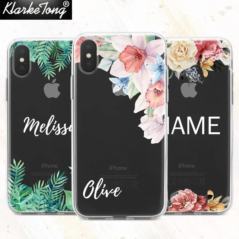 

KlarkeTong Watercolor Flower Name Custom Phone Case For iPhone XS MAX XR 8 7 6 Plus 5s Soft Clear Summer Pattern Silicone Cover