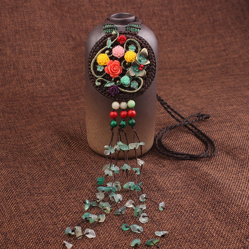 

Handmade braided Fashion vintage party necklace green, crysta tassel jewelry,New ethnic necklace nature stones flowers necklace