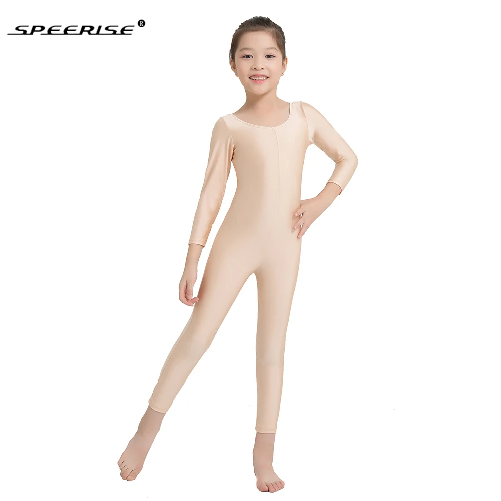 

SPEERISE Girls flesh Long Sleeve Unitard Boys Bodysuit Spandex Lycra Full Body Tight Jumpsuit Scoop Neck Dance Costumes Unitards