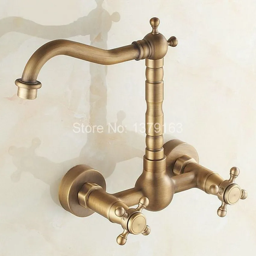 

Antique Bronze Wall Mounted Dual Cross Handles Swivel Kitchen Bathroom Sink Basin Faucet Mixer Tap anf257