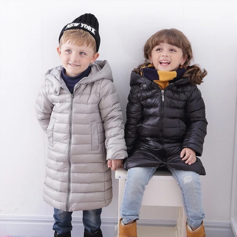 

Boy and Girl Long Down Coat Children White duck down Jacket Clothing Winter Kids Hooded Outerwear Parkas 2-10 Years
