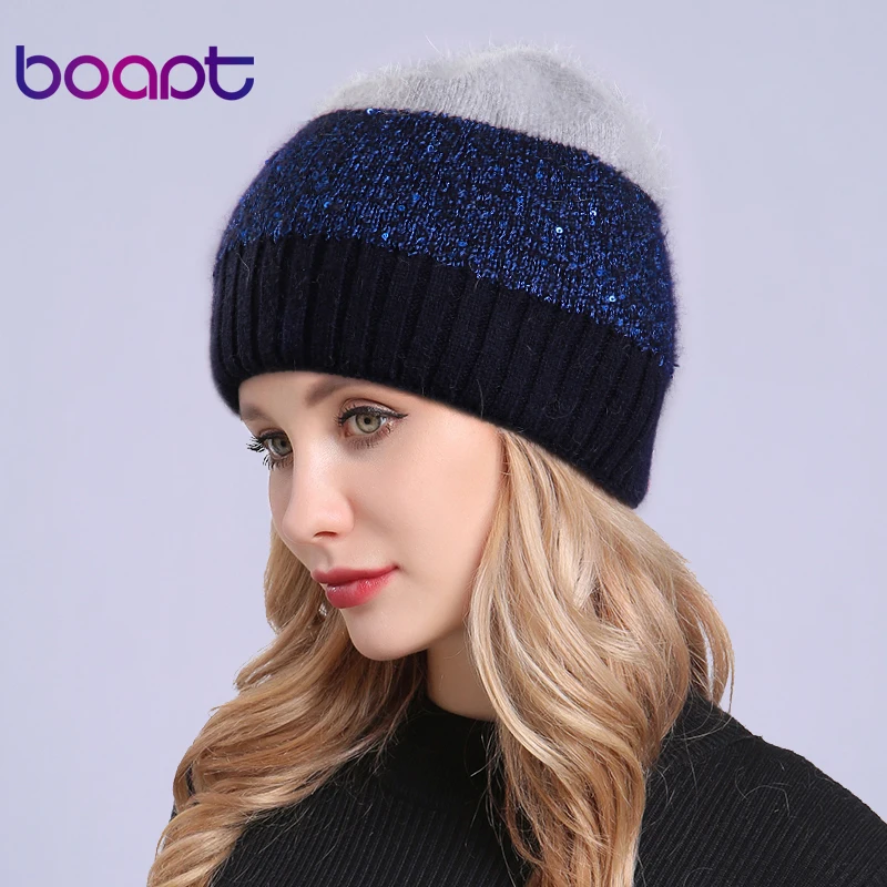 

[boapt] Sequins Double layer Stitching Color Rabbit Knitted Thick Winter Hats For Women's Hat Female Caps Girls Skullies Beanies