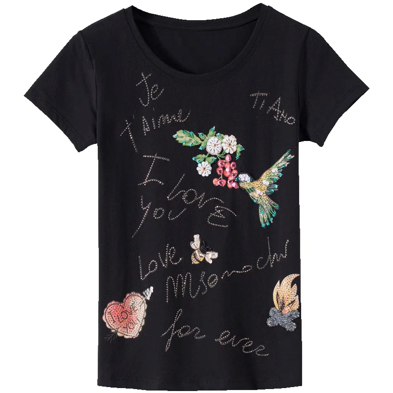 

Hot Sale New 2018 Summer Women's Fashion Slim O Neck Short Sleeve Rhinestone Beading Floral Printing T Shirt Tops Female Shirts