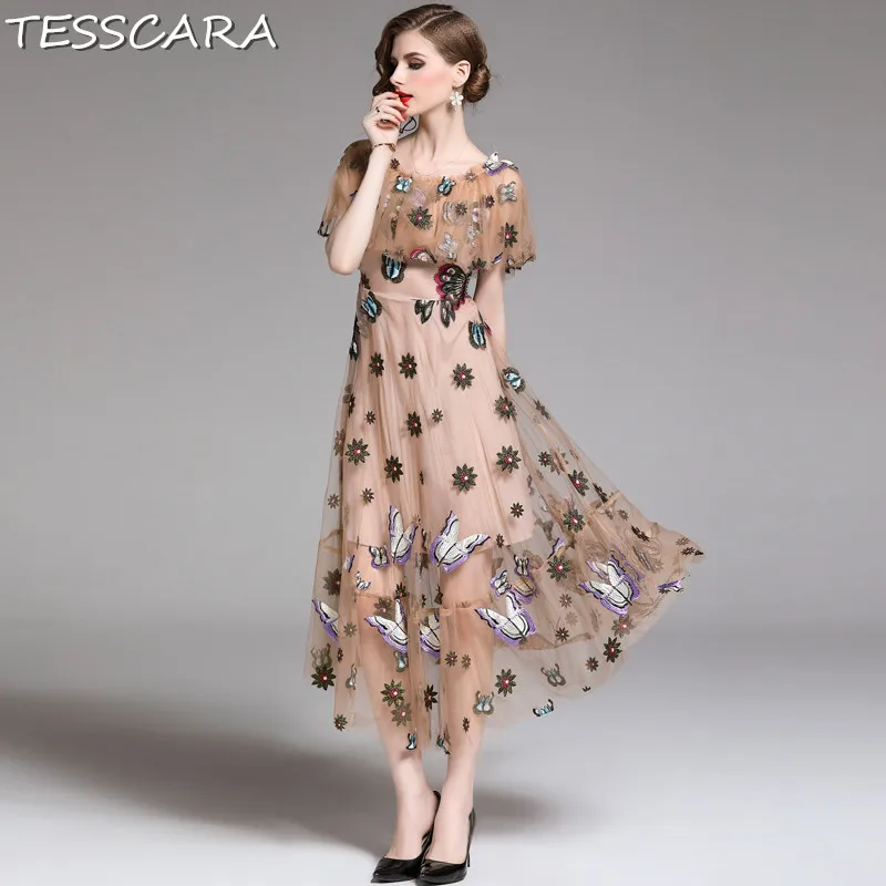 TESSCARA, женское летнее роскошное Сетчатое платье с аппликацией, женские вечерние платья высокого качества, женские дизайнерские платья с бабочками - Цвет: Khaki