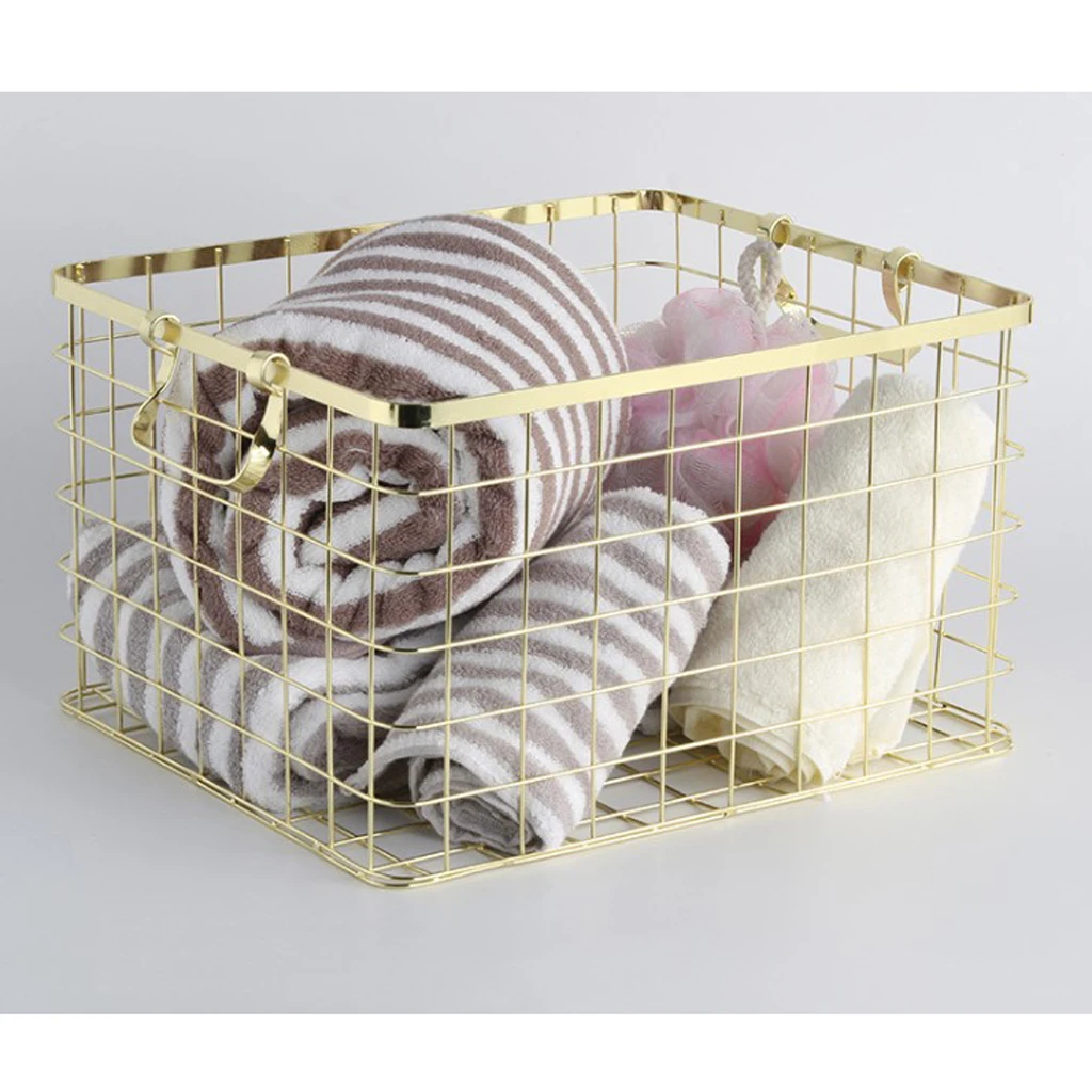 Metal Wire Dirty Clothes Basket Laundry Storage Bin Baskets with 2 Handles-Rose Gold Luxurious Texture
