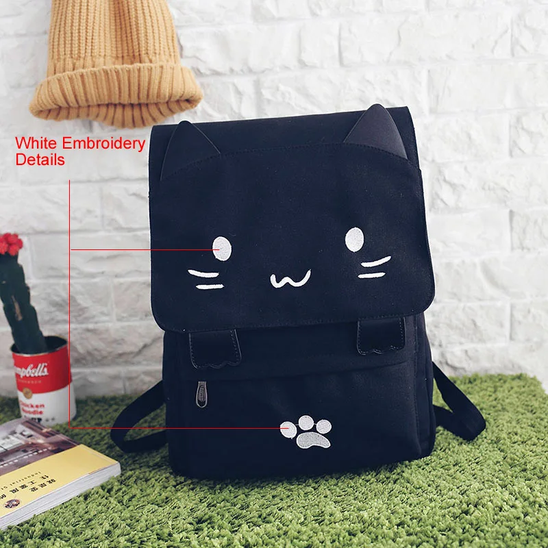

Cute Cat Canvas Backpack Cartoon Embroidery Backpacks For Teenage Girls School Bag Fashio Black Printing Rucksack mochilas XA69H