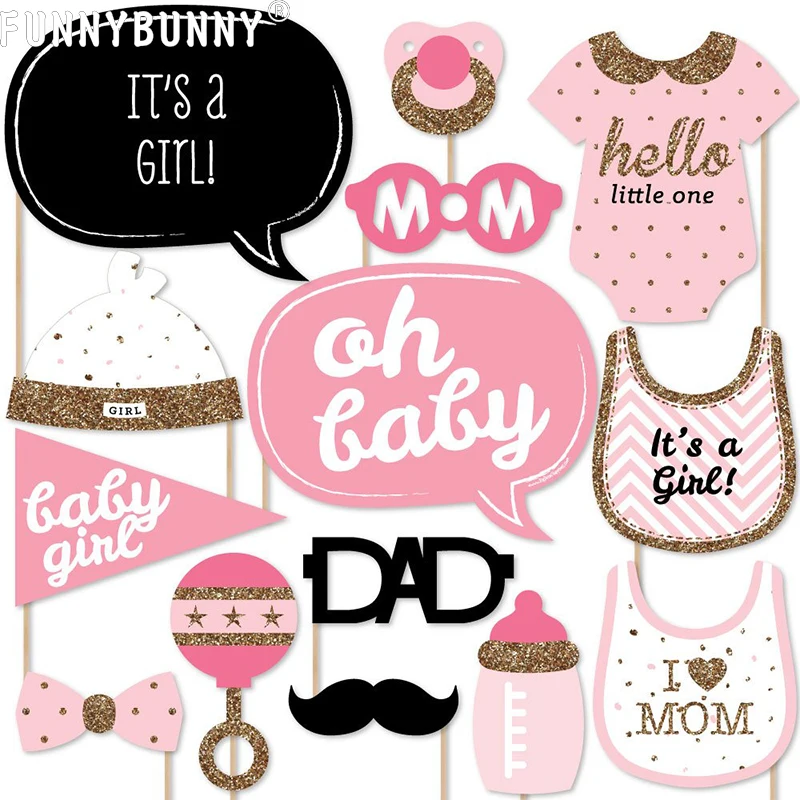 

FUNNYBUNNY Hello Little One Pink and Gold Girl Baby Shower Photo Booth Props Kit Photo Booth Graduation Party Decoration 20PCS
