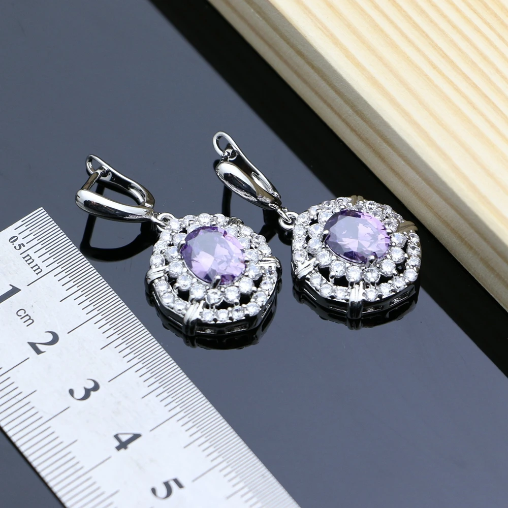 Classic Purple Cubic Zirconia White Crystal 925 Sterling Silver Jewelry Sets For Women EarringsPendantNecklaceRingsBracelet (4)